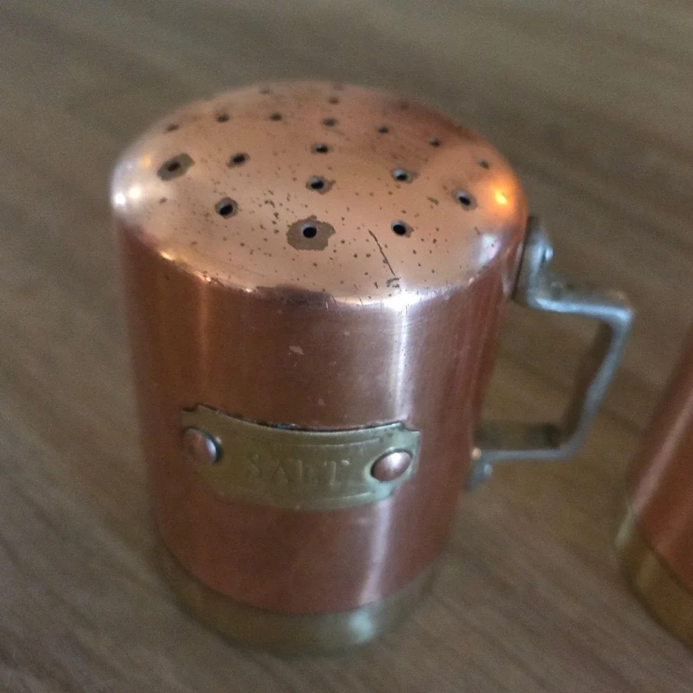 Vintage Copper &‎ Brass Salt & Pepper Shakers Set, Handle, Kitchen Decor